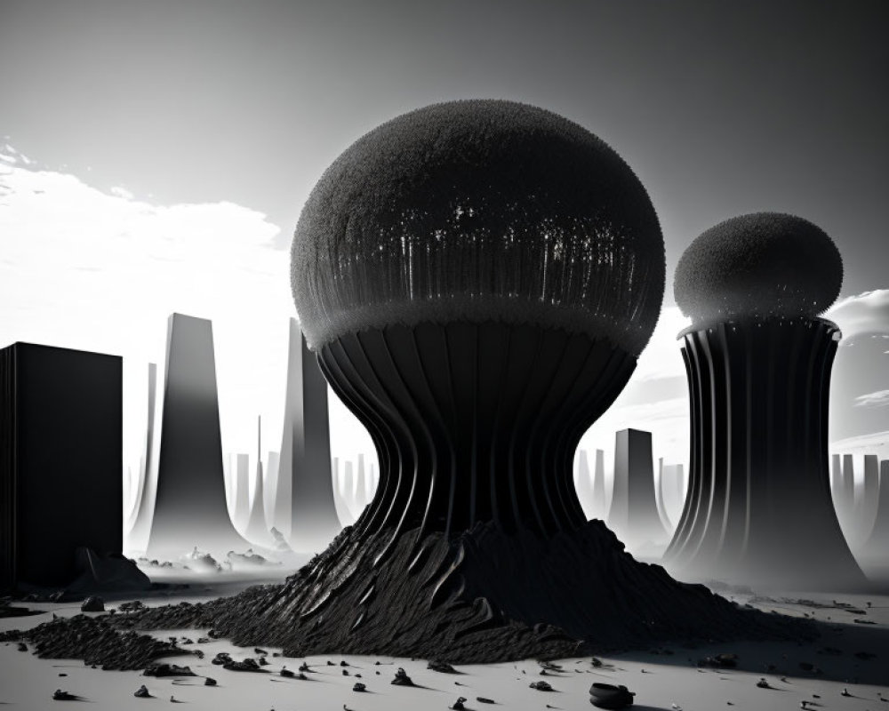 Surreal landscape with large mushroom-like structures and dark monoliths