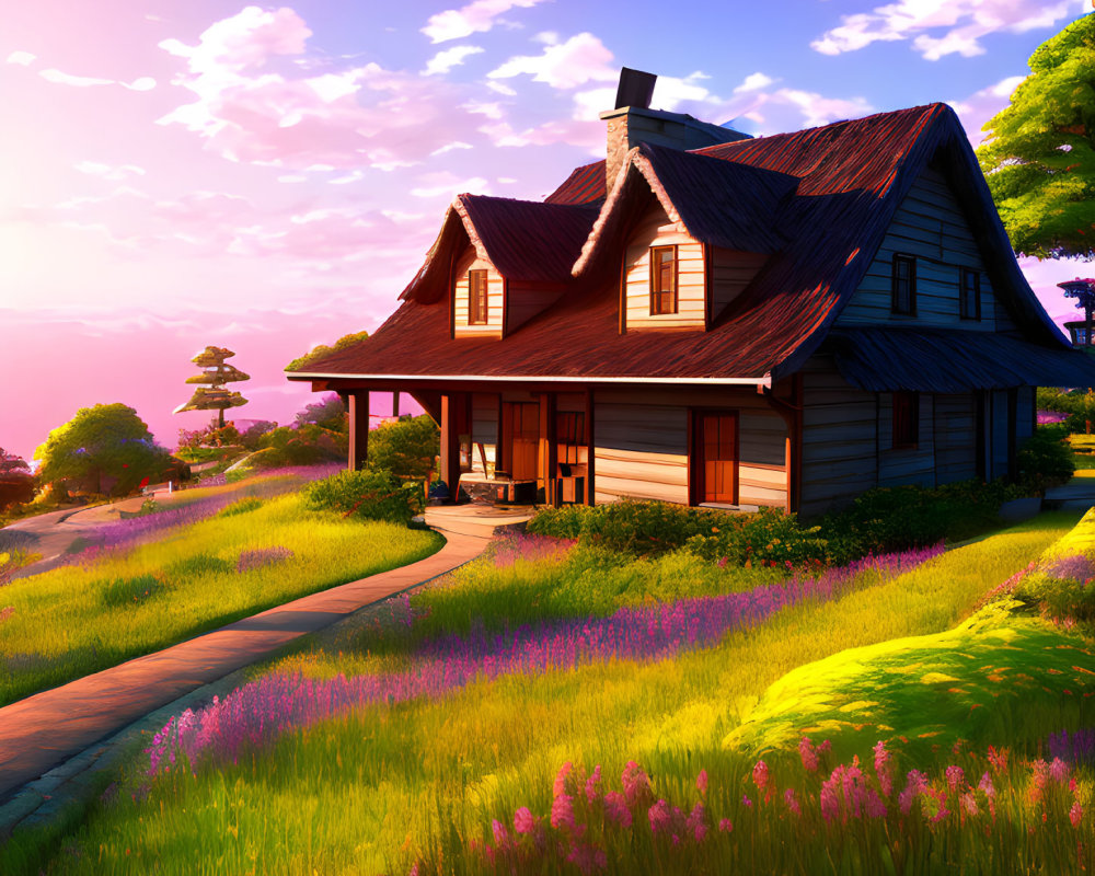 Dark wood exterior two-story house surrounded by greenery and wildflowers at sunset