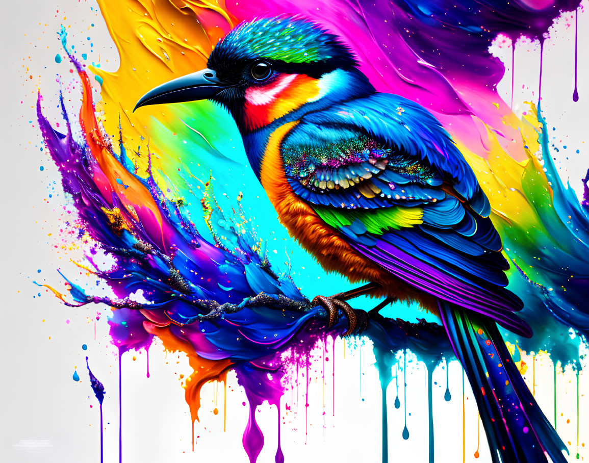 Colorful Bird Artwork with Paint Splashes and Drips on White Background
