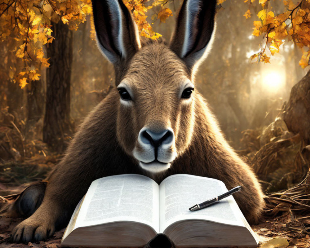 Kangaroo studying open book in autumn forest setting