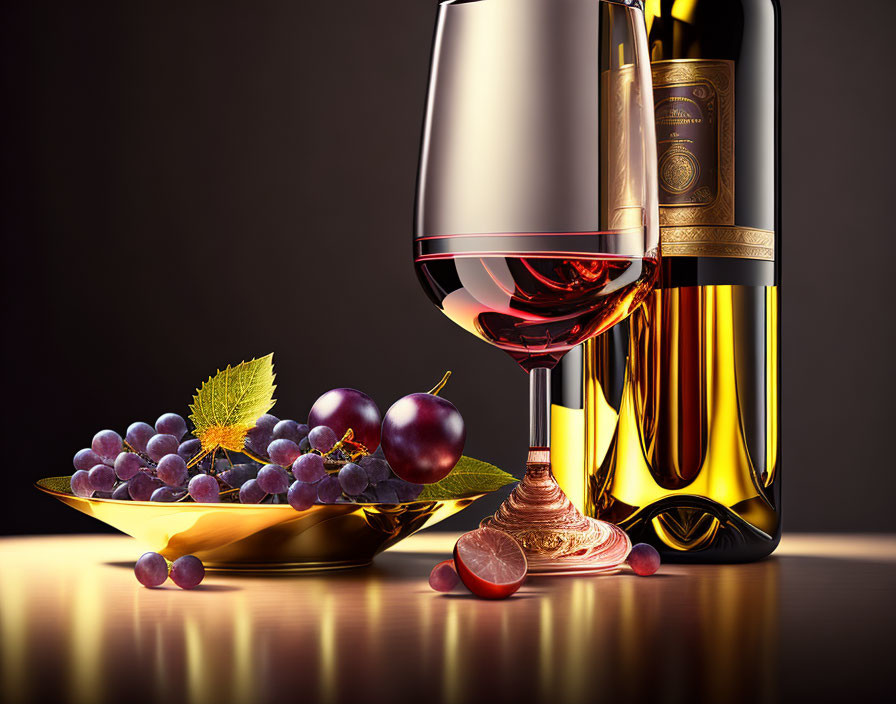 Glass of Red Wine, Bottle, Grapes on Table with Warm Light and Dark Background