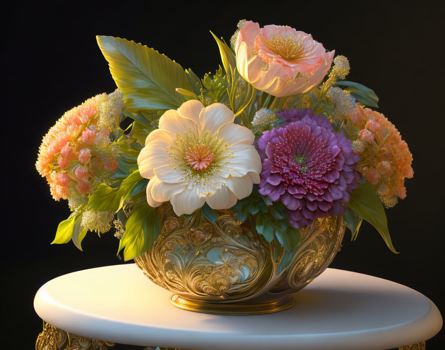 Gold vase with pink, cream, and purple flowers on white pedestal