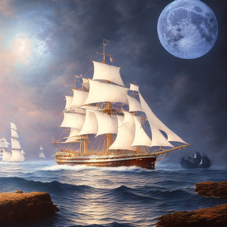 Sailing ship with white sails on turbulent sea at night