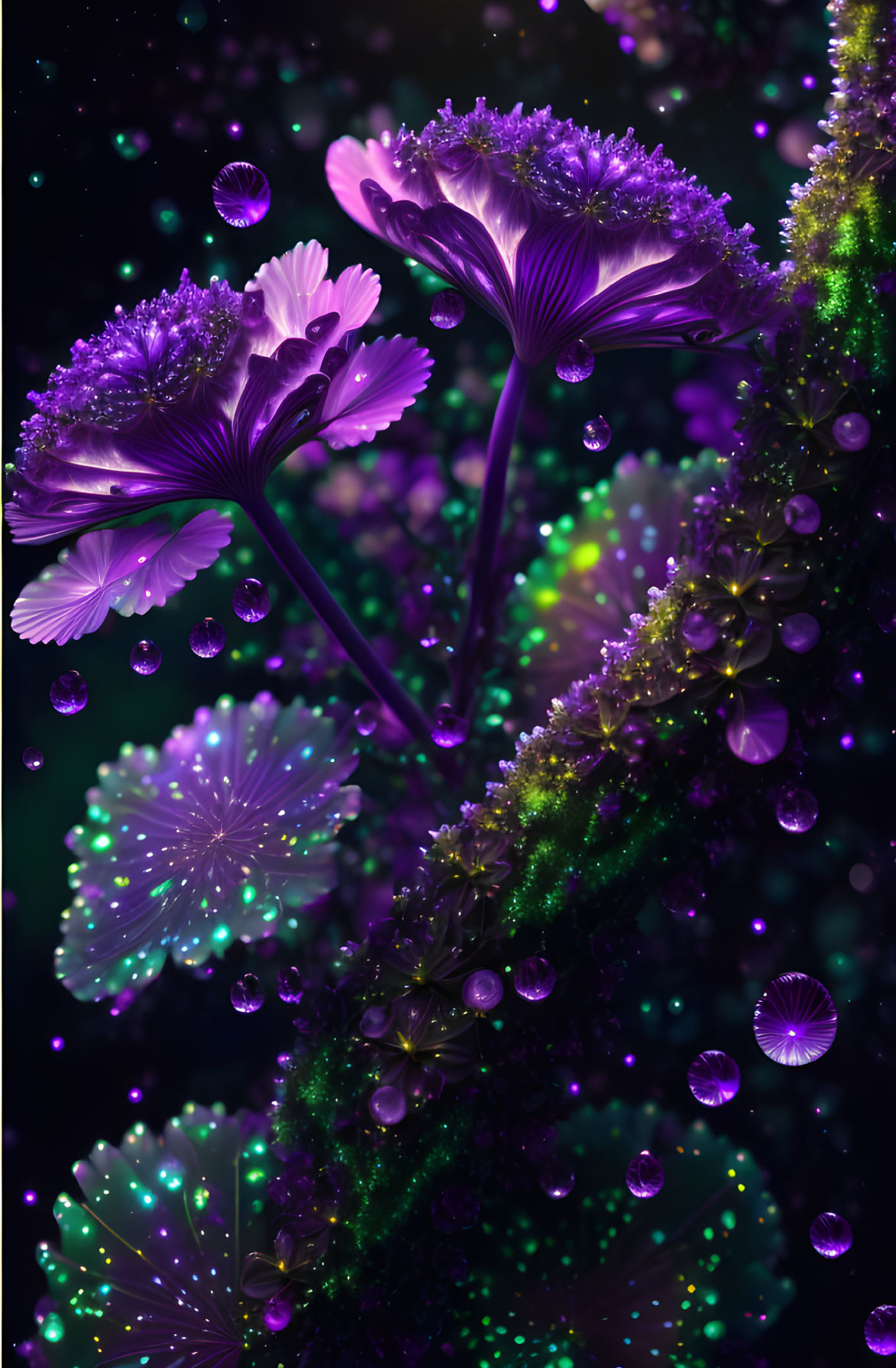Digital Art: Luminescent Purple Flowers on Magical Dark Background