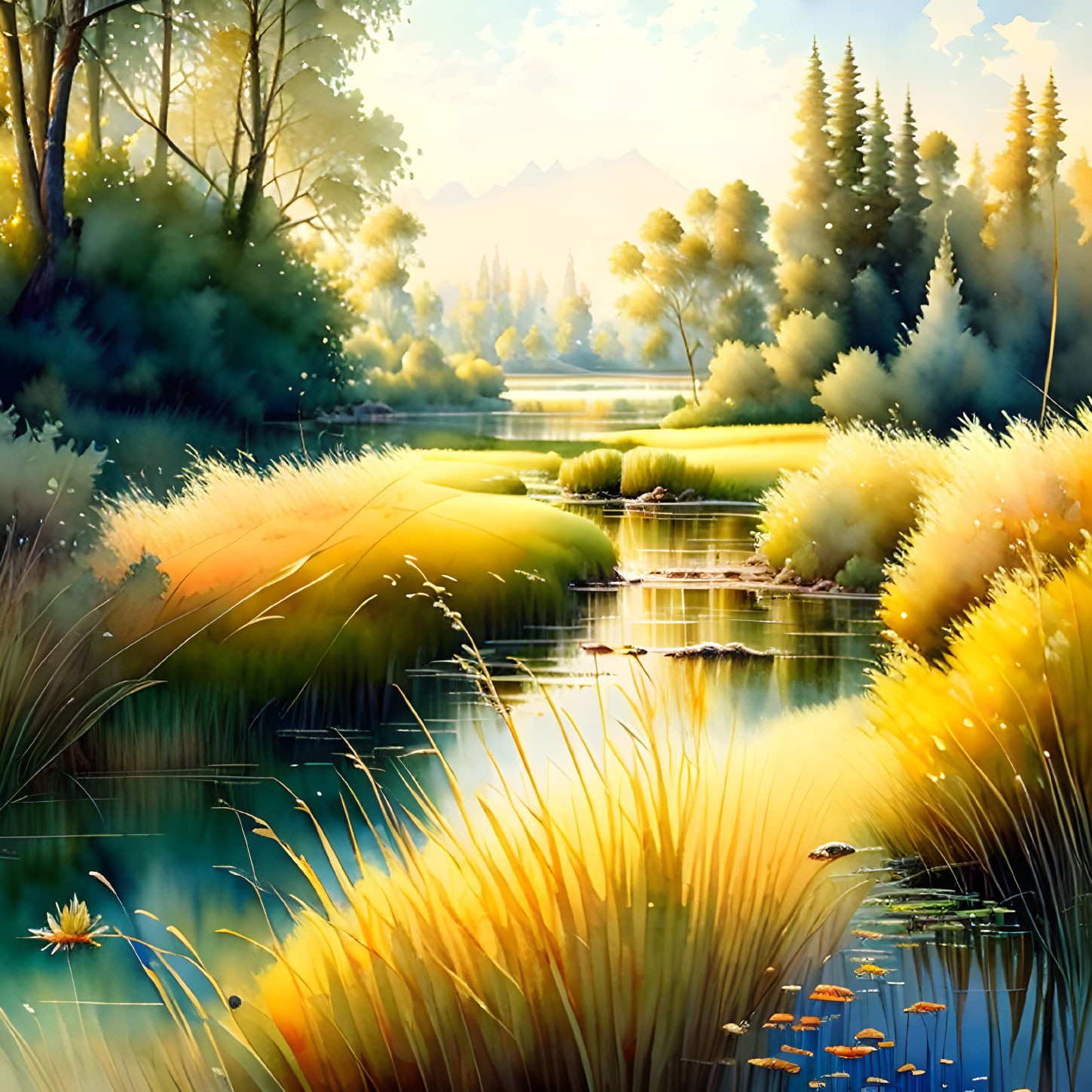 Tranquil landscape painting of serene lake, lush foliage, trees, distant mountains, and warm sunlight