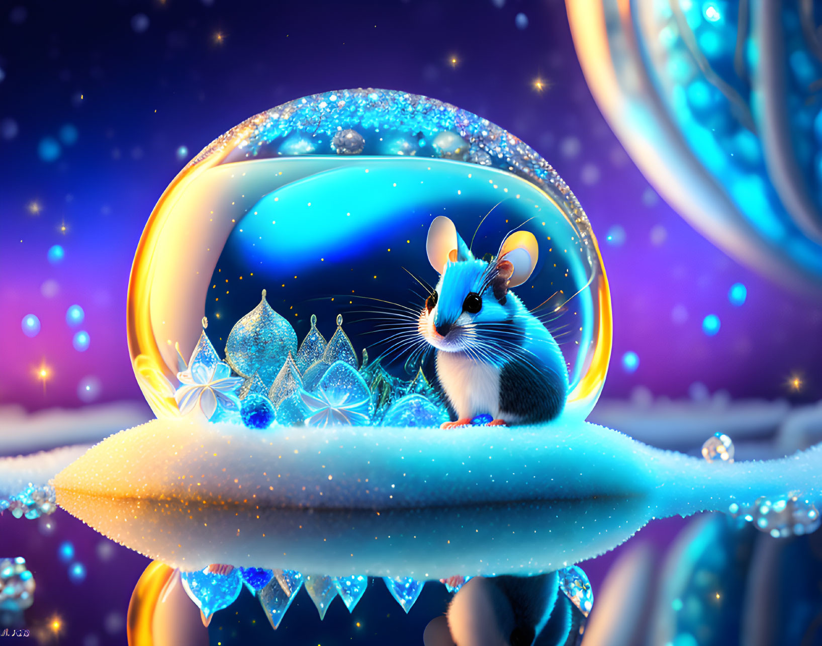 Enchanting image of a mouse on a glowing leaf in a crystalline landscape