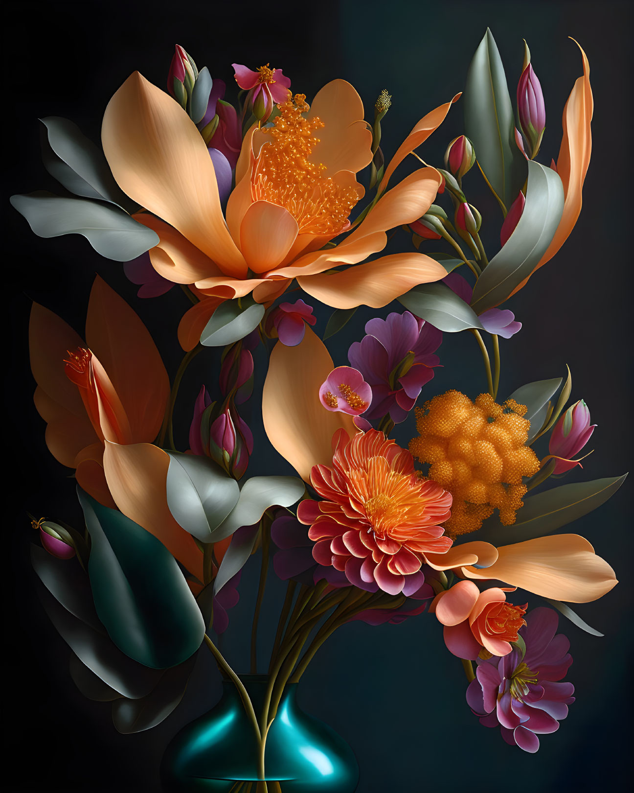 Colorful Flower Bouquet Art in Warm Tones on Dark Background