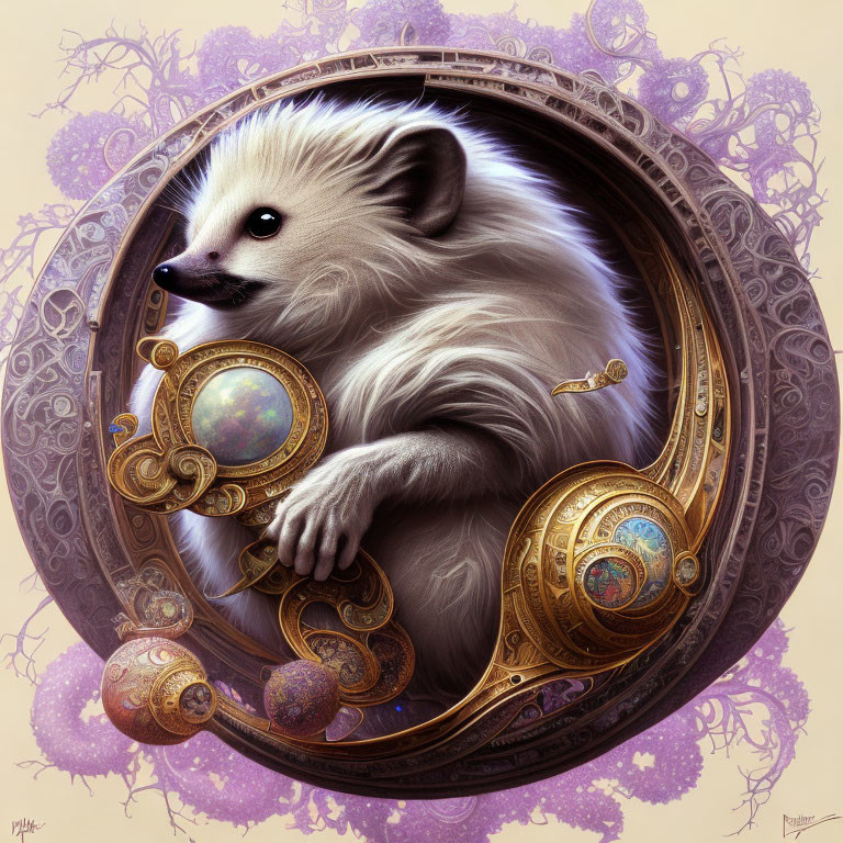Fantasy illustration of fluffy hedgehog-like creature with golden celestial spheres in ornate border.