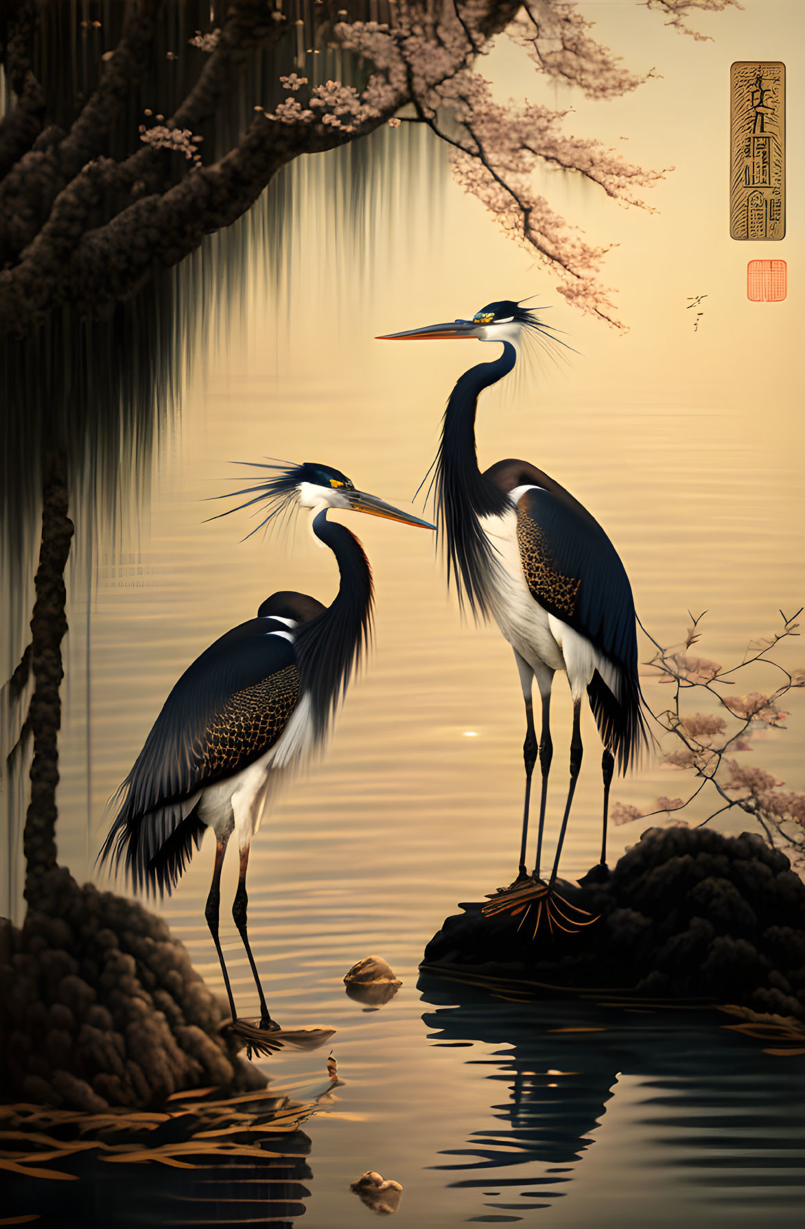 Tranquil Asian art: Two herons by serene lake at sunset