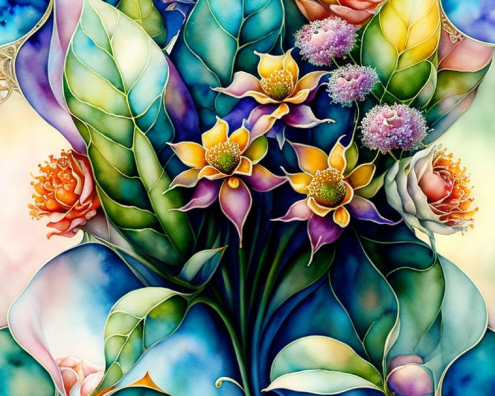 Colorful Stylized Flowers Painting on Multicolored Background