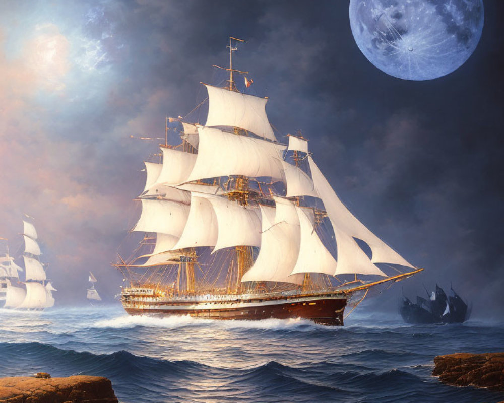 Sailing ship with white sails on turbulent sea at night