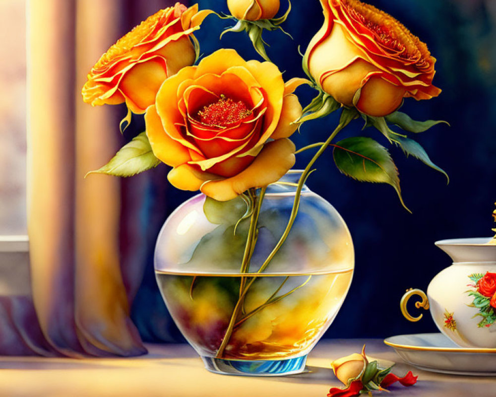 Colorful painting of yellow-orange roses in glass vase with teacup, blue curtain, and window