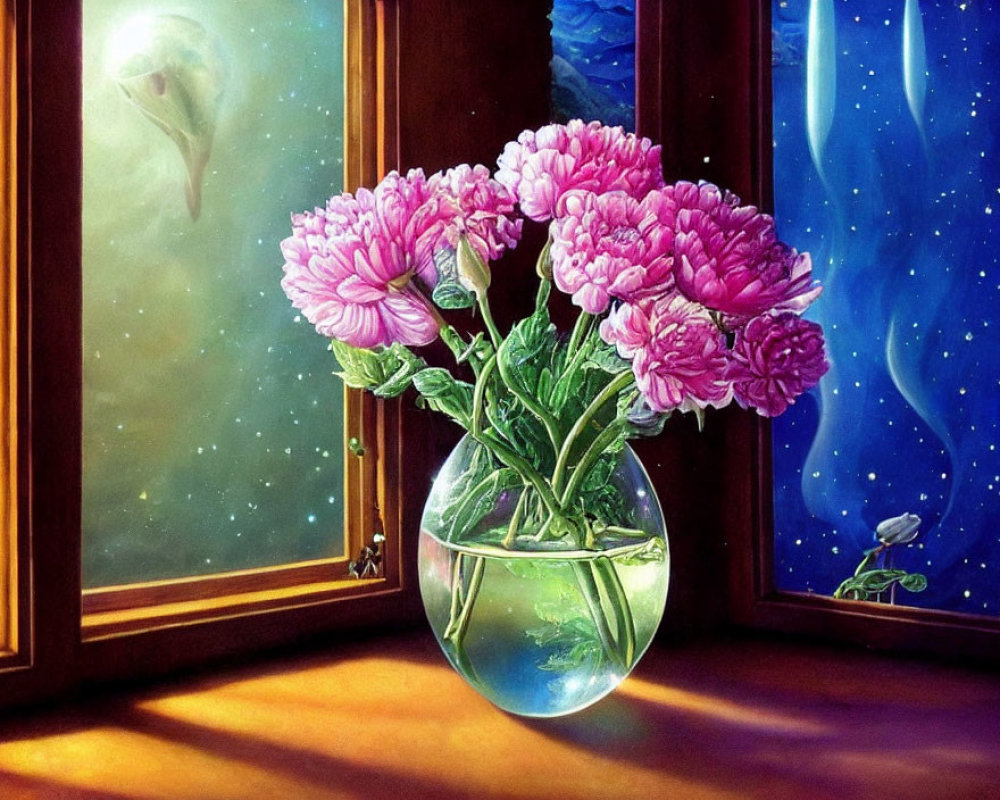 Pink peonies bouquet in glass vase on windowsill with surreal green nebula view