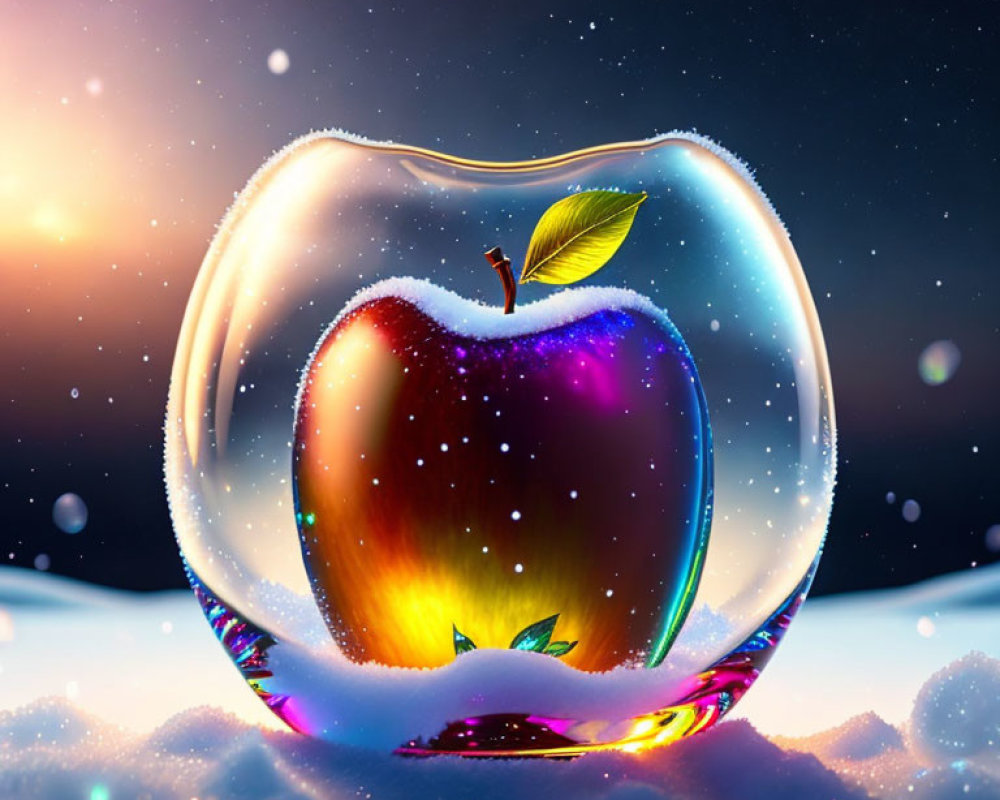 Digitally-rendered apple in transparent bubble on snow under starry sky