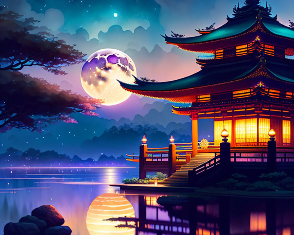 Japanese Pagoda Night Scene with Moon and Stars