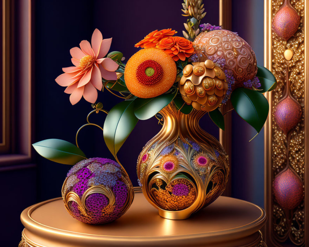 Ornate vase with spheres and flowers on luxurious purple backdrop