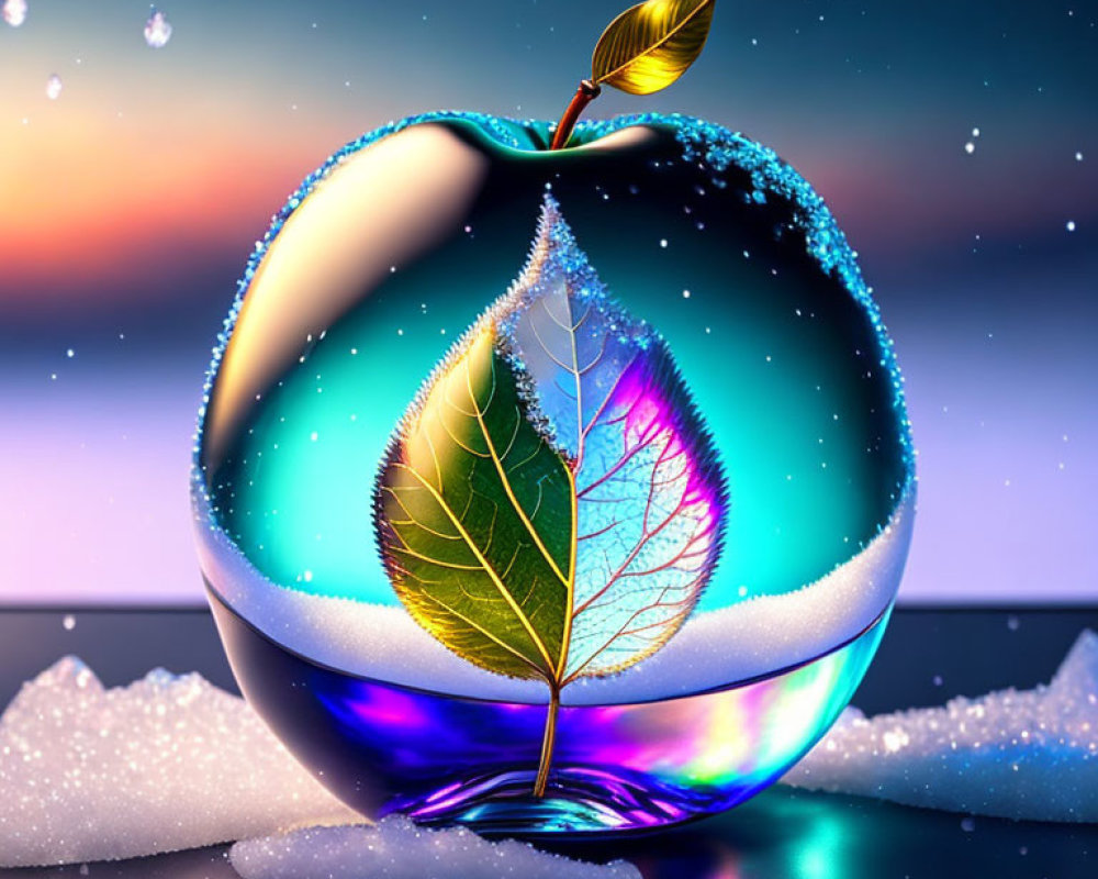 Colorful Glass Apple with Leaf on Snowy Surface under Twilight Sky