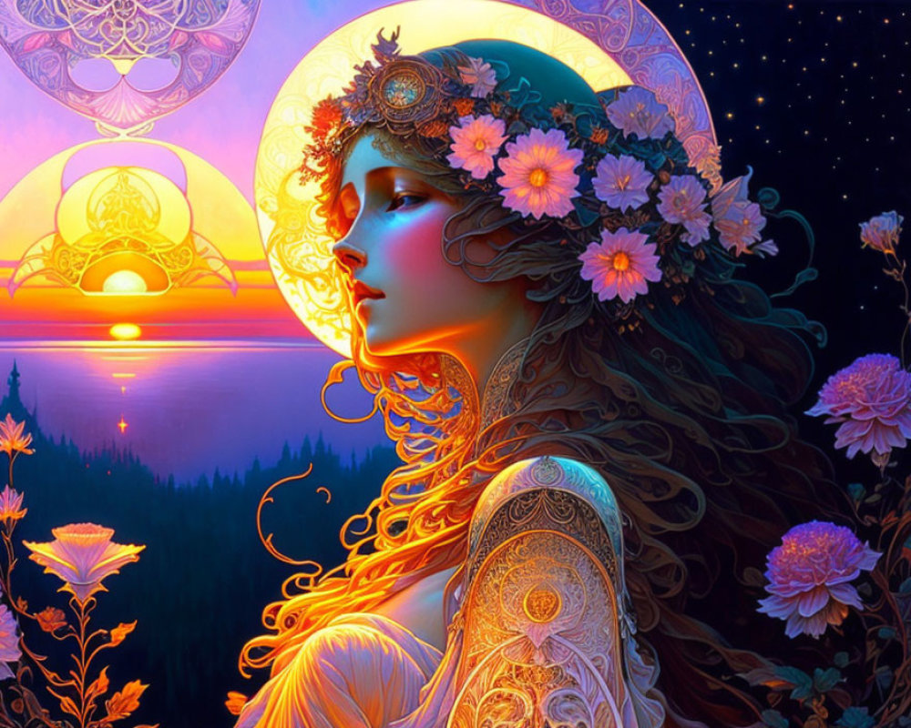 Illustrated woman with floral crown and tattoos in front of starry sky and forest sunset