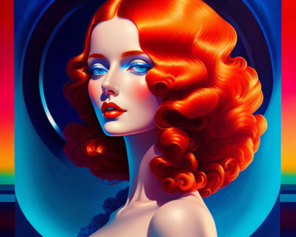 Colorful digital artwork: Woman with red hair and blue eyes on abstract background