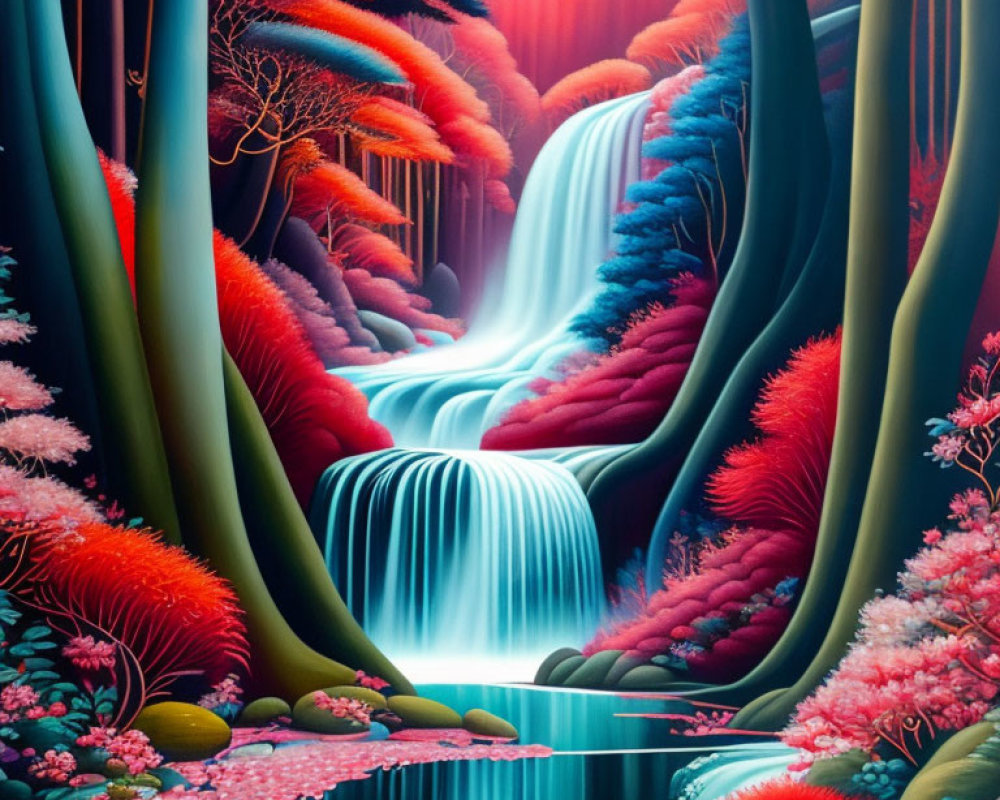 Colorful surreal landscape with cascading waterfall & ethereal lighting