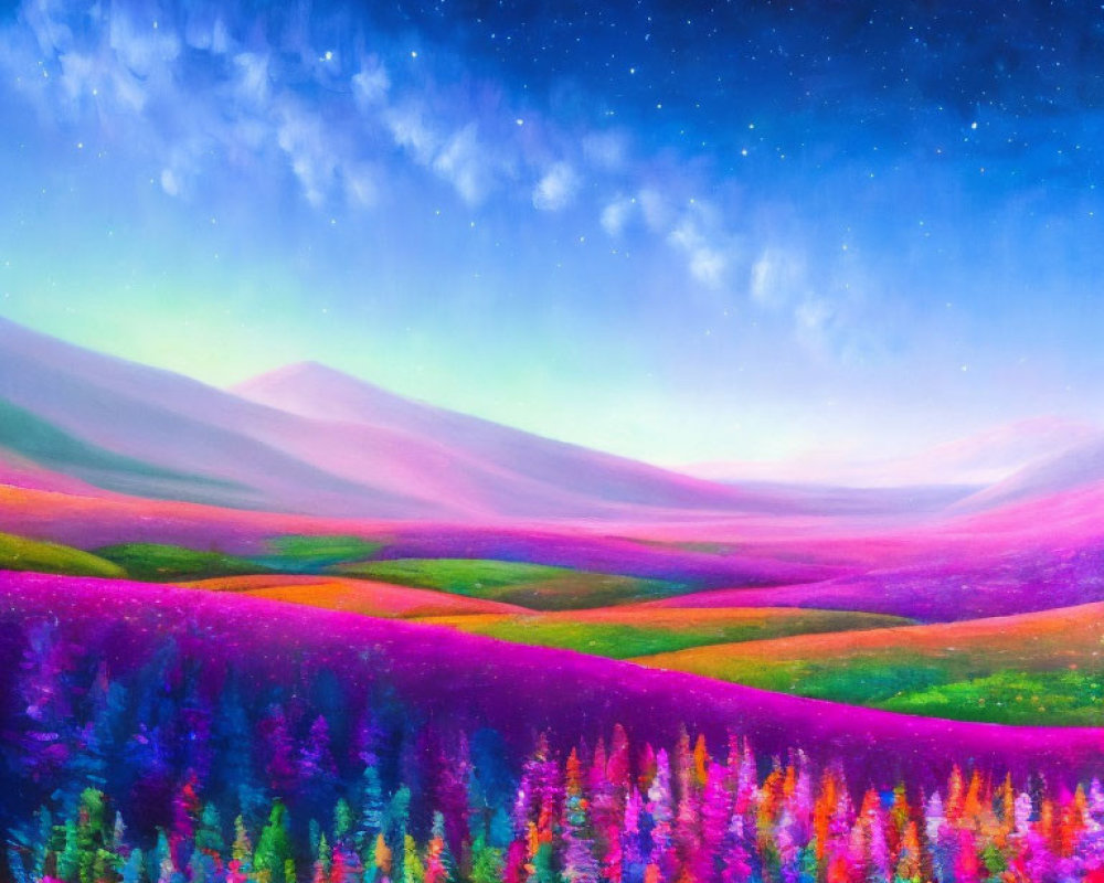 Colorful Flowering Fields Under Starry Night Sky Painting with Mountain Silhouette