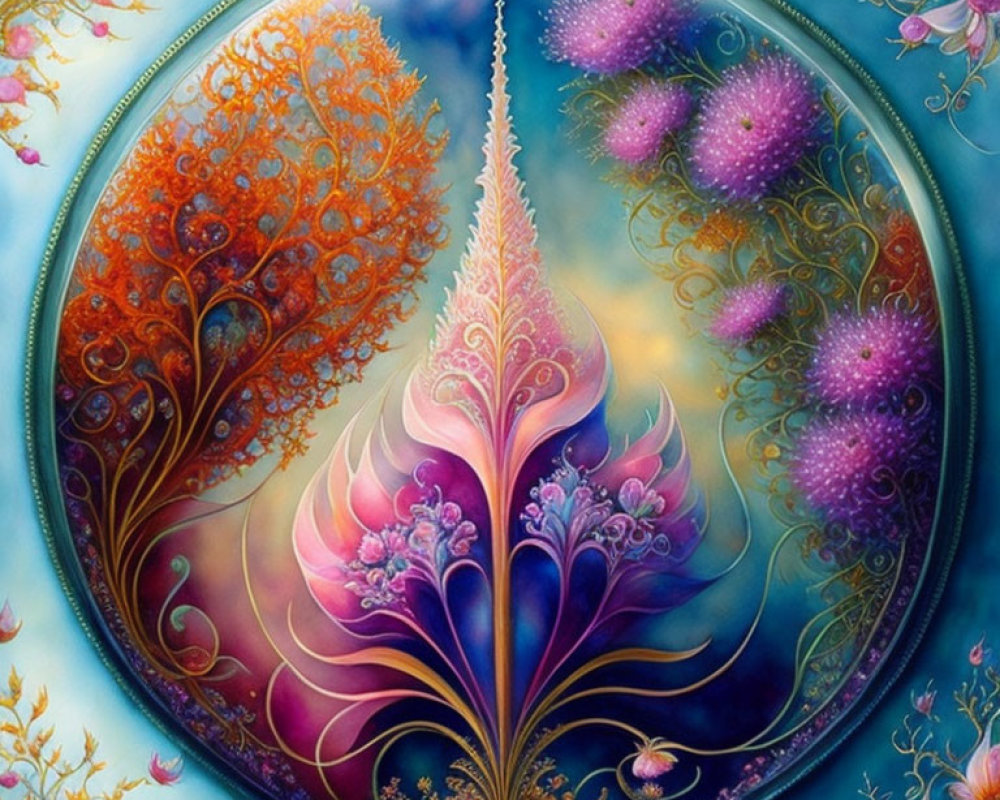 Circular ornate artwork: Vibrant whimsical trees, mystical flora, delicate flowers on blended background