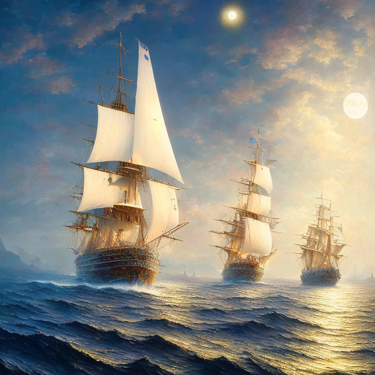 Fantasy Scene: Three Tall Ships on Shimmering Sea