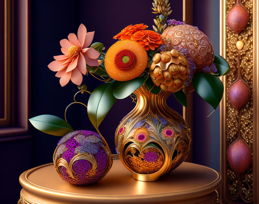 Ornate vase with spheres and flowers on luxurious purple backdrop
