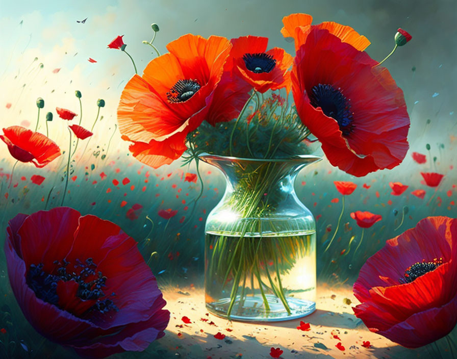 Bright red poppies in clear glass vase on sunlit backdrop with floating petals.