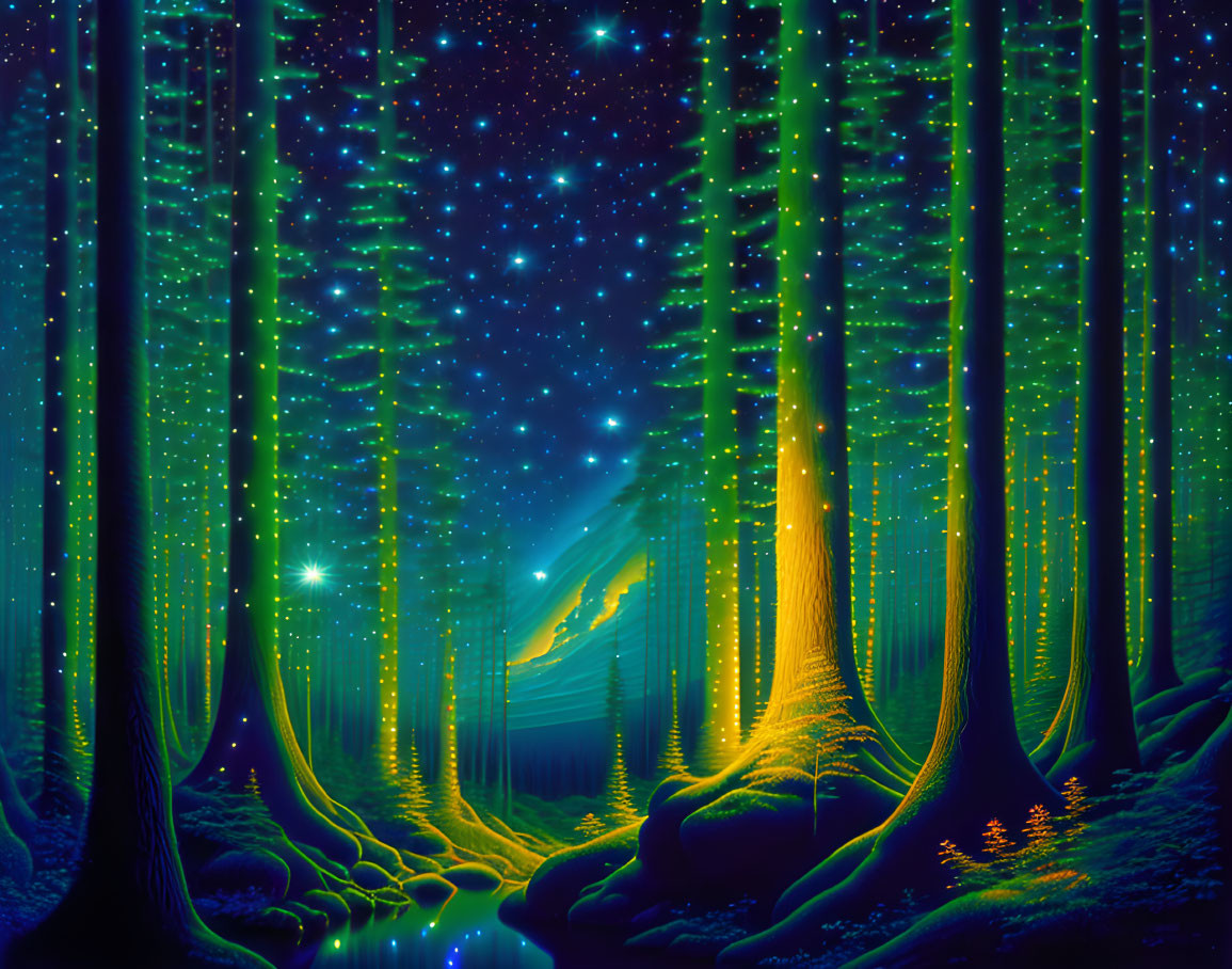 Enchanting Night Forest with Tall Trees and Starry Sky