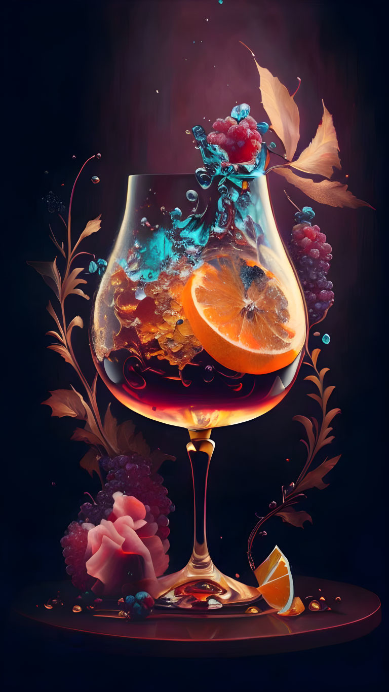 Colorful wine glass splash with fruits, berries, and leaves on dark backdrop