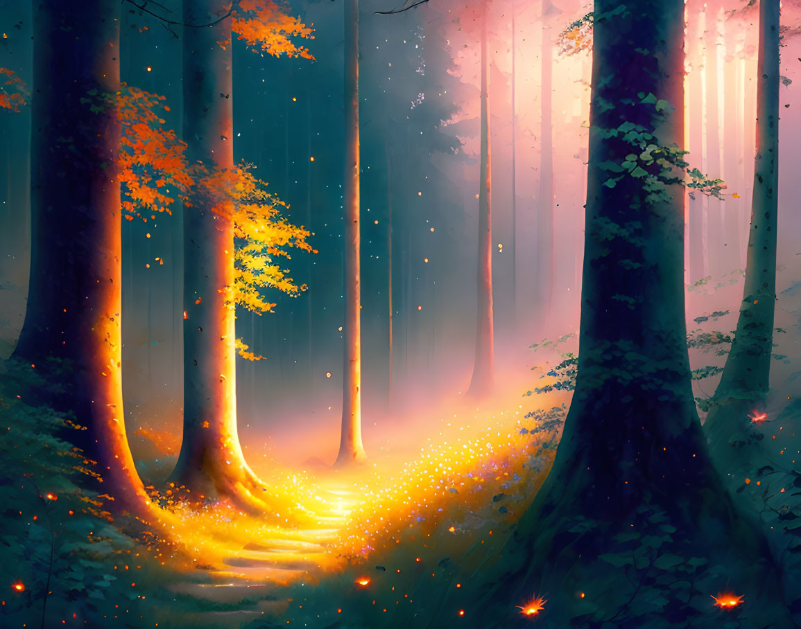Enchanted forest with sunbeams, mist, autumn leaves, and majestic trees
