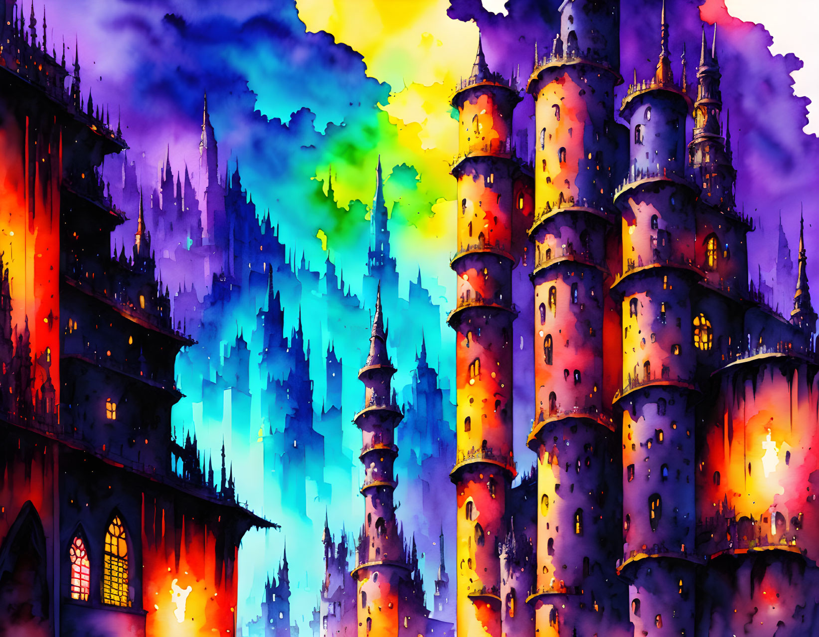 Fantastical castle illustration with colorful spires in dusk sky