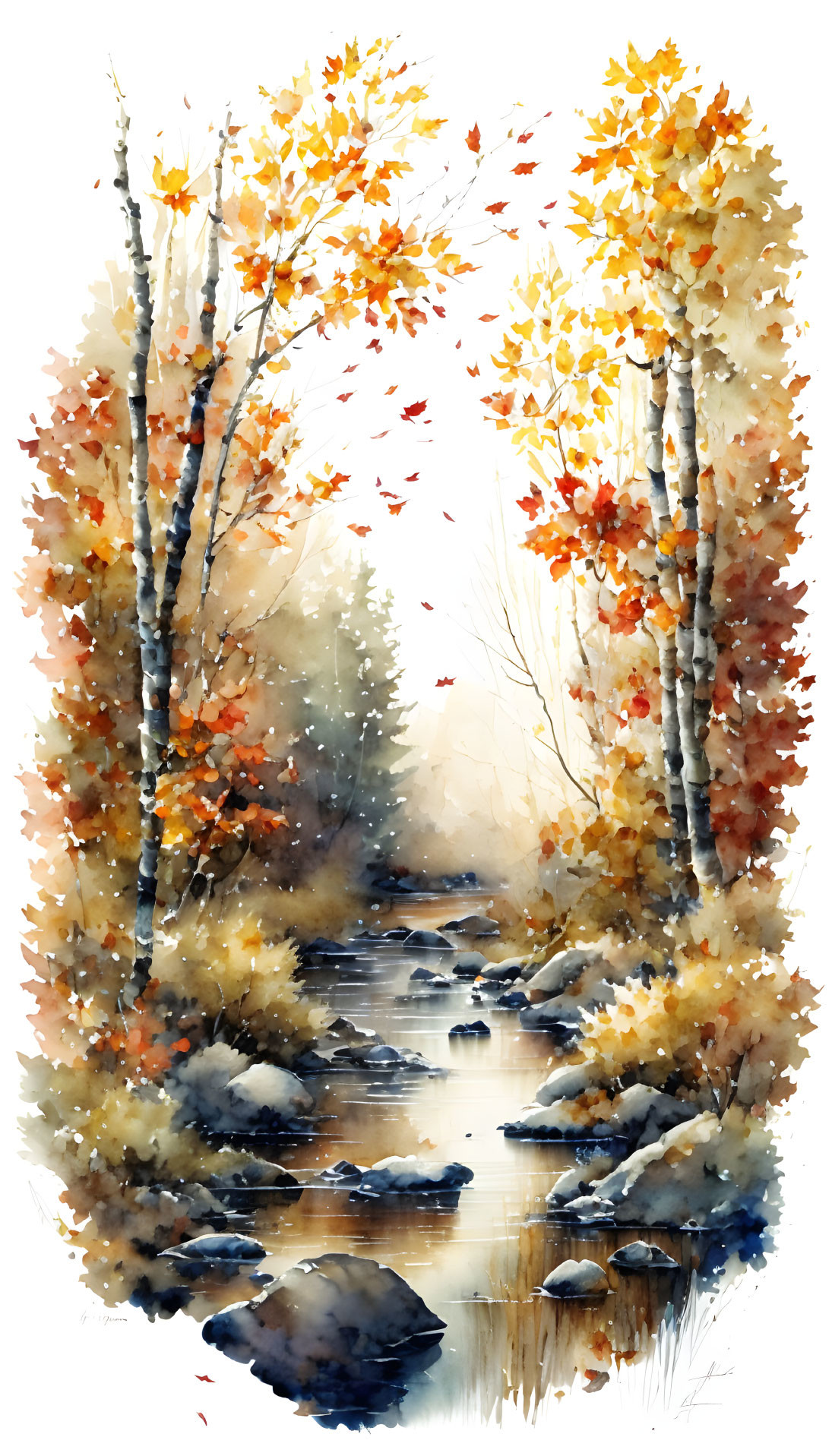 Tranquil watercolor painting of autumn creek and golden trees