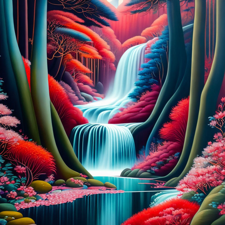 Colorful surreal landscape with cascading waterfall & ethereal lighting