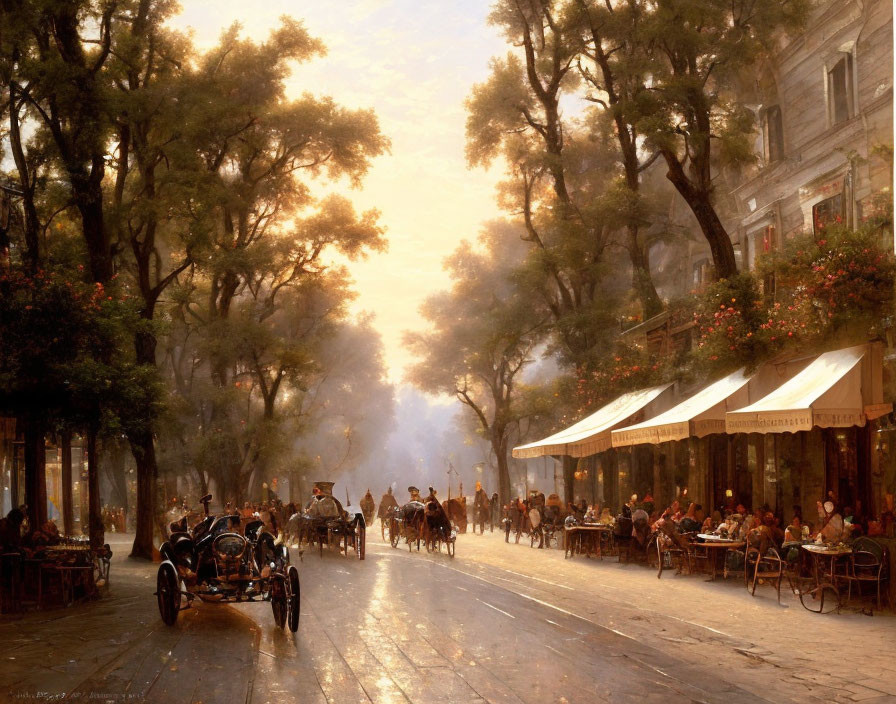 Busy Sunset Street Scene with Outdoor Dining, Horses, Carriages, and Glowing Trees