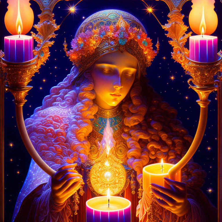 Ethereal woman with ornate headpiece and candles in vibrant colors
