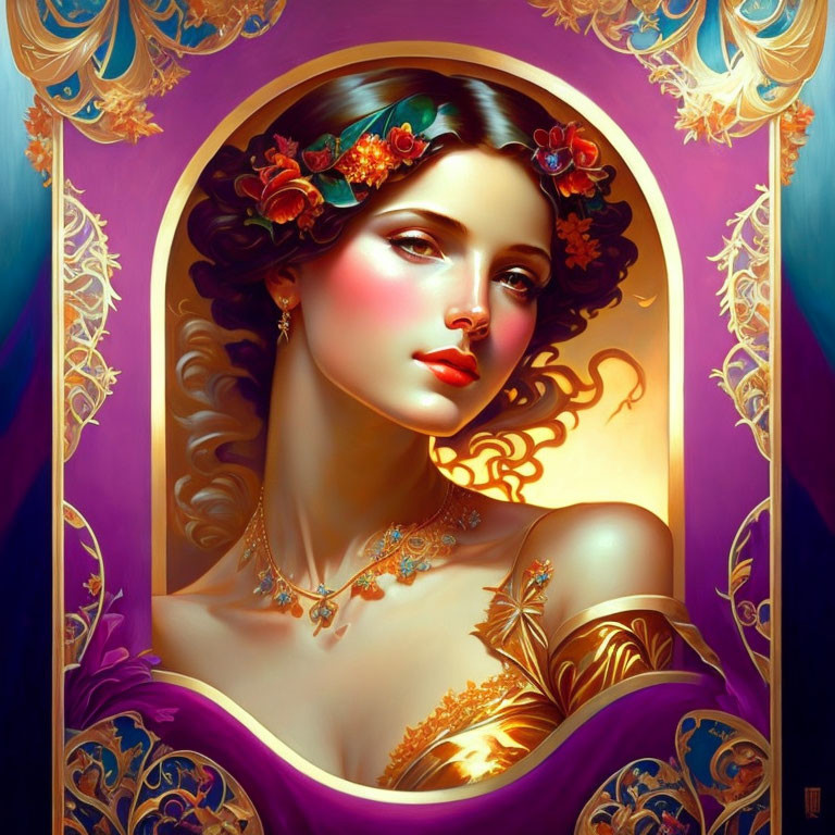 Vibrant portrait of a woman with flowing hair and ornate gold details