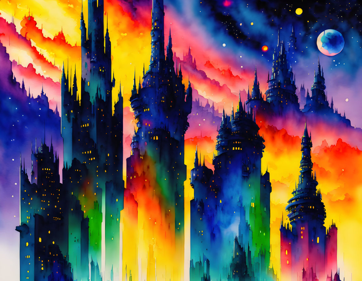 Colorful Watercolor Illustration of Whimsical Fantasy Spires in Cosmic Sky
