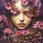 Tranquil face surrounded by pink, purple, and white flowers