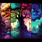 Colorful illustration of five stylized trees with whimsical foliage