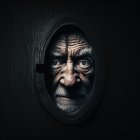 Elderly man in beanie gazes through oval frame on dark background