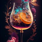 Colorful wine glass splash with fruits, berries, and leaves on dark backdrop