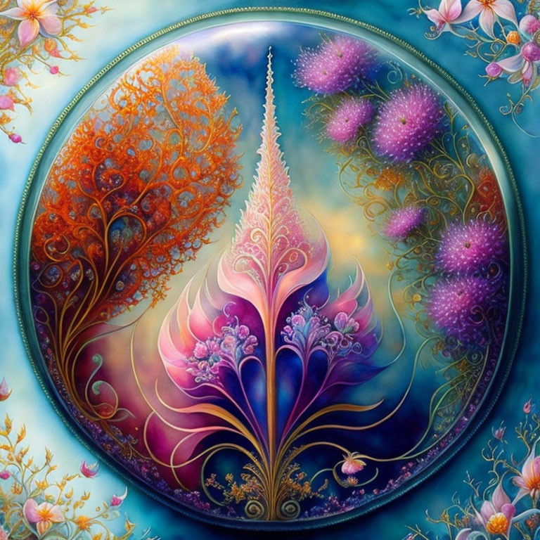 Circular ornate artwork: Vibrant whimsical trees, mystical flora, delicate flowers on blended background