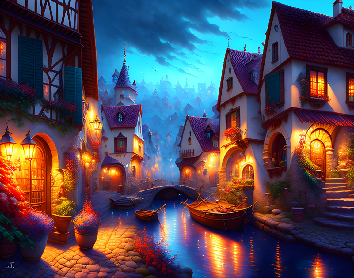 Twilight cobblestone village by canal with glowing windows and distant castle