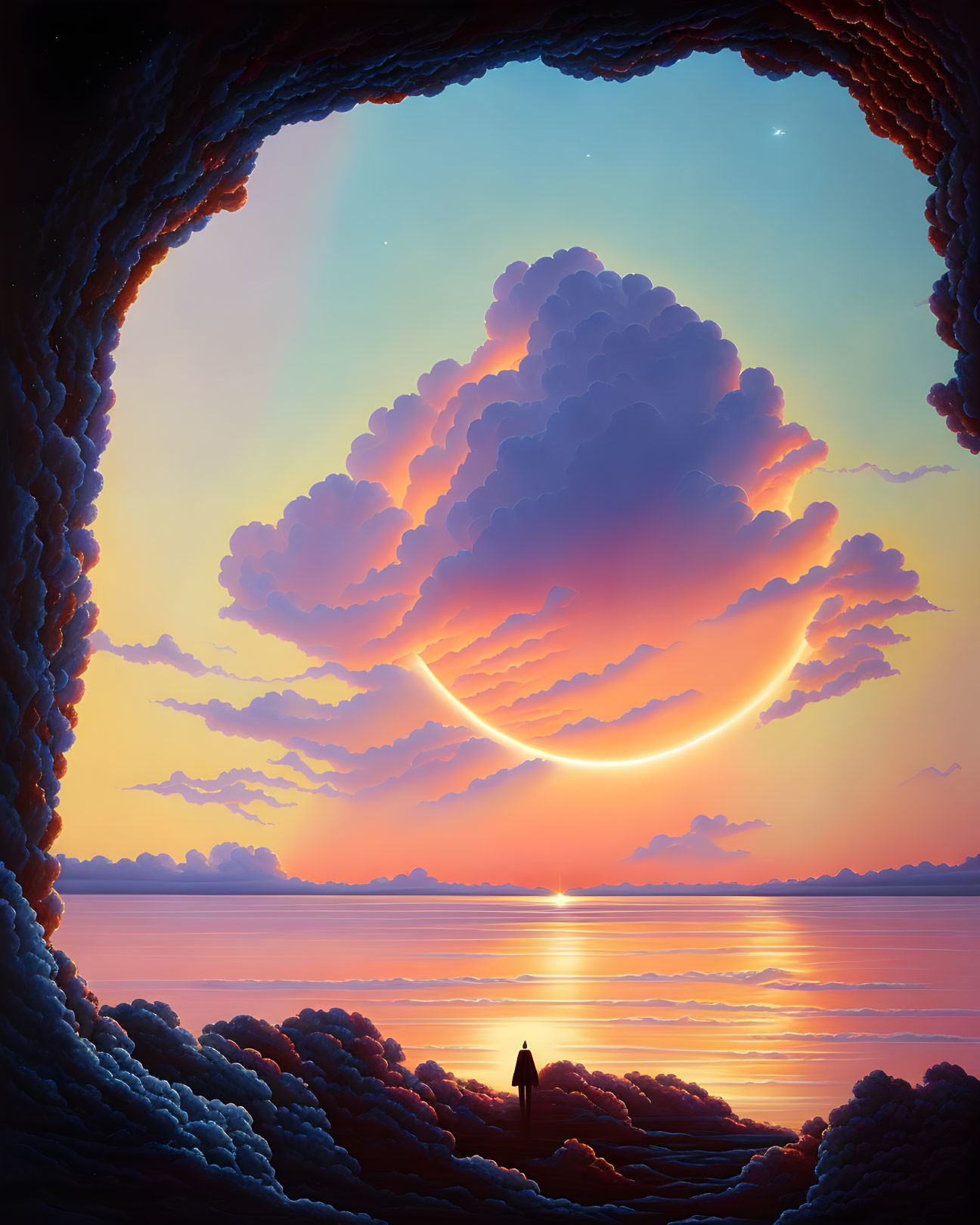 Person admiring vibrant sunset, crescent moon, calm sea, fluffy clouds in cave entrance.