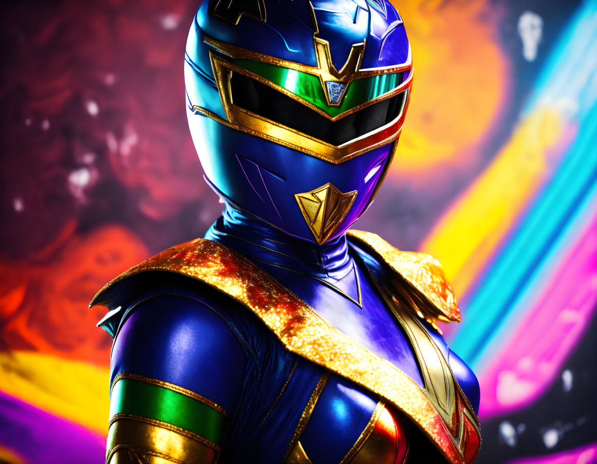 Blue and Gold Power Ranger Close-Up with Cosmic Background