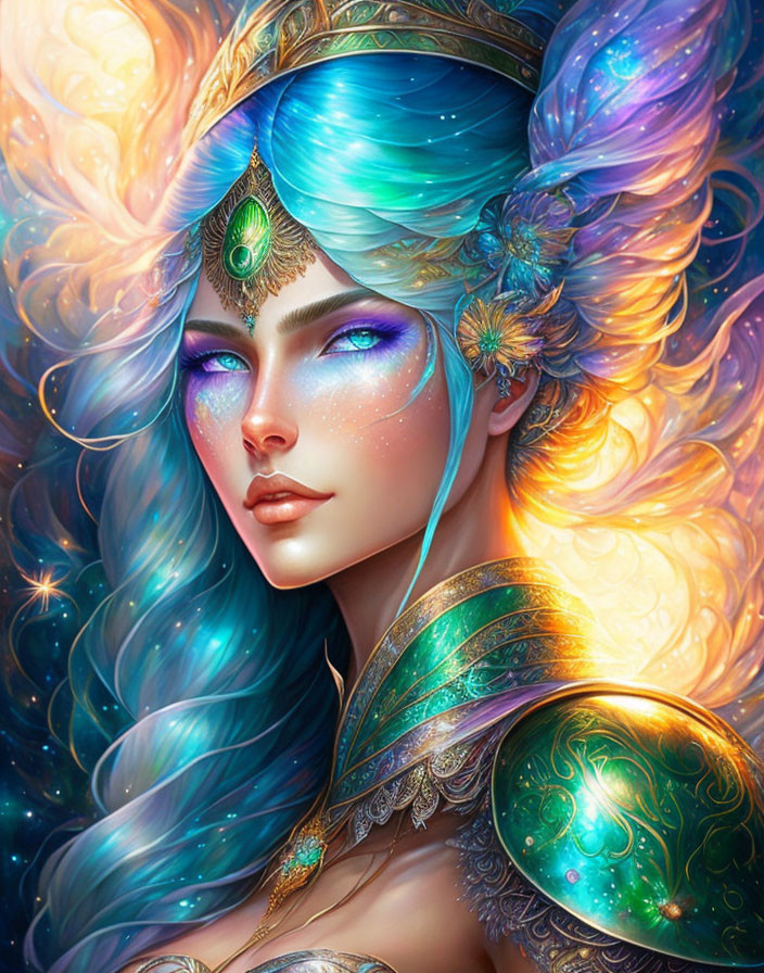 Fantasy female character with blue hair in golden armor.