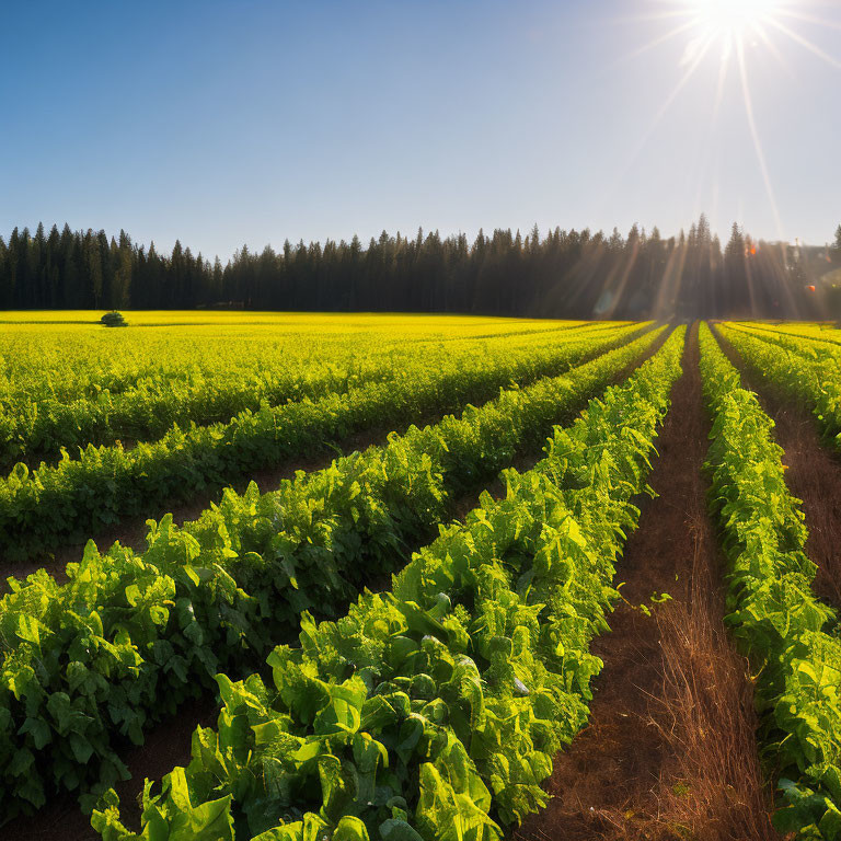 Sunlight illuminating green crop rows, forest backdrop, and clear blue sky