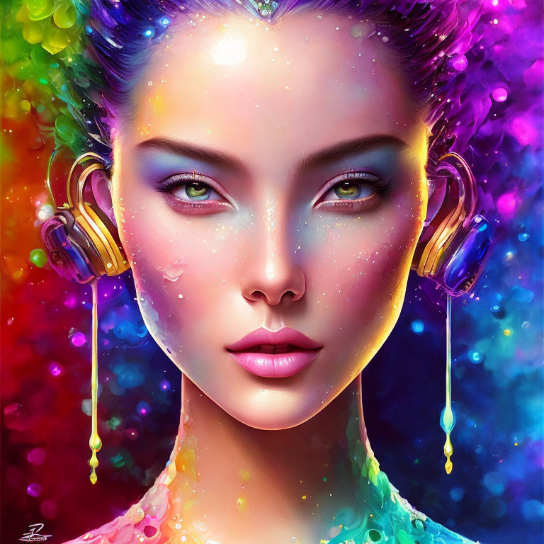 Vibrant digital portrait of a woman with colorful skin tones and paint dripping ears